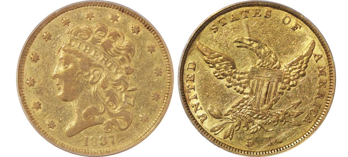 1837 United States AV Classic Head $5 PCGS Genuine