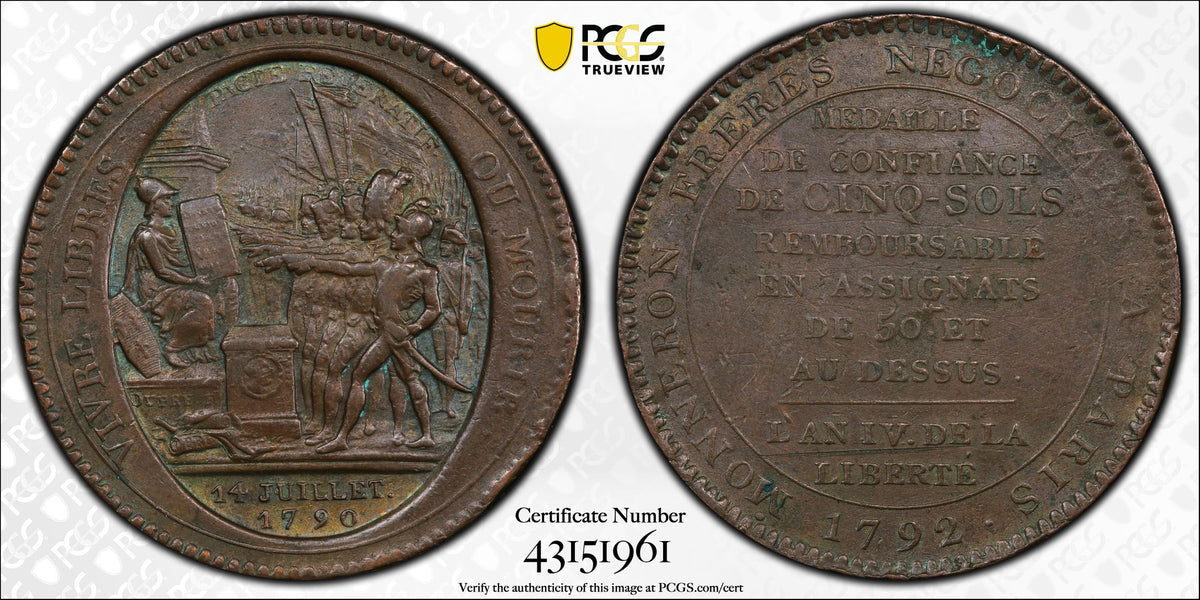 1792 France Revolution Era AE 5 Sols PCGS XF-45