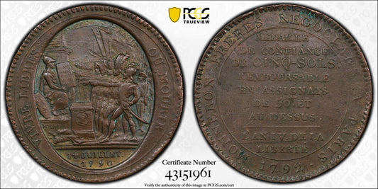 1792 France Revolution Era AE 5 Sols PCGS XF-45